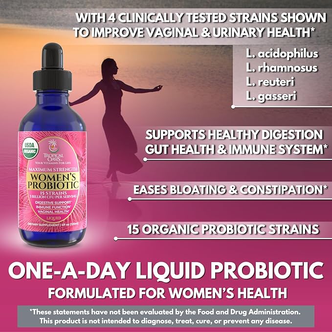 USDA Organic Liquid Probiotic for Women | PH Balance UT &amp Feminine Health | Digestive Support Immune &amp Gut Health | 15 Clinically Studied Strains | 98% Absorption | Vegan Non-GMO | 40 Serv