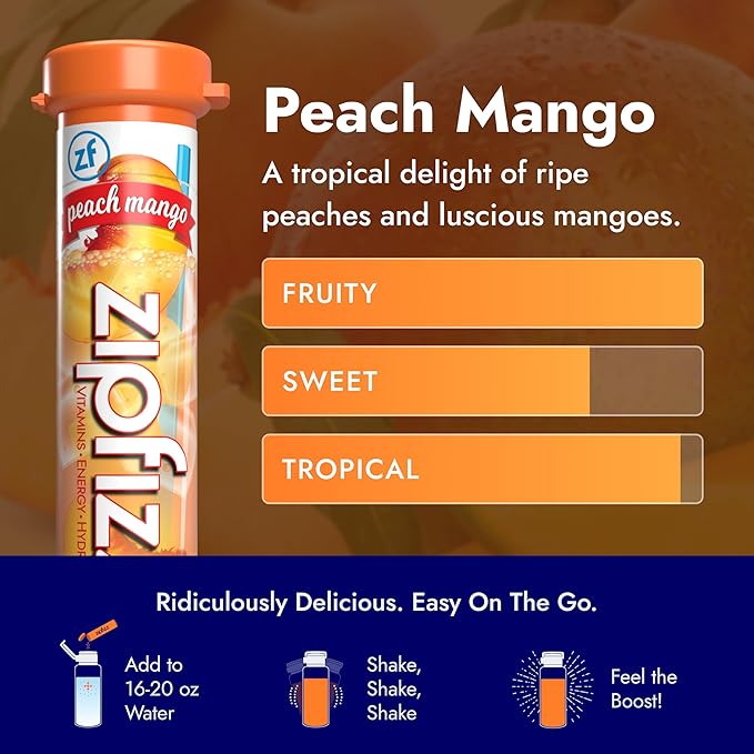 Zipfizz Daily Energy Drink Powder Peach Mango 20 Pack | 3-in-1 Sustained Energy Rapid Hydration and Essential Vitamins | Sugar-Free | Electrolyte Powder | Contains Vitamin B-12 &amp Antioxidants