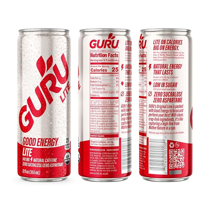 GURU Lite Organic Energy Drinks Clean Energy Drink with Plant Based Natural Caffeine from Green Tea Low Calorie Gluten Free and Vegan 140MG Caffeine Healthy Drinks 12oz (Pack of 12)