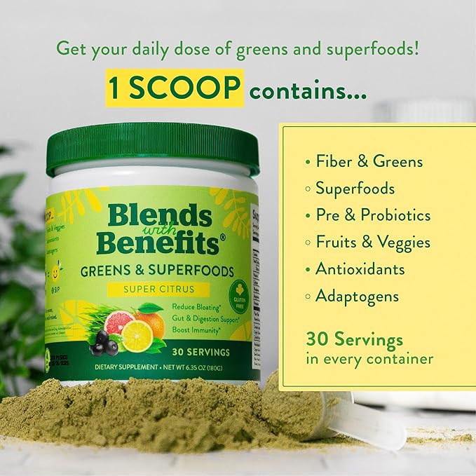 360 Nutrition Blends with Benefits Super Greens Powder w/Probiotics Digestive Enzymes Sugar &amp Gluten Free Plant Based Superfood Drink Mix for Gut Health Bloating Immunity Overall Health 6.3