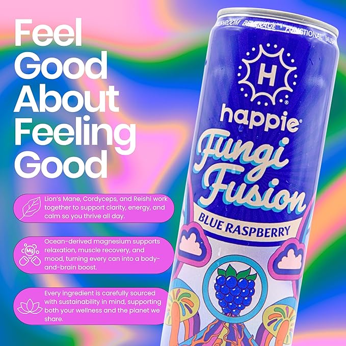 Happie Fungi Fusion Blue Raspberry – Sparkling Adaptogen Drink with Lion’s Mane Cordyceps &amp Red Reishi – Plant-Based Nootropic 40 Calorie Agave Nectar Vegan Wellness Soda Alternative (12 pack)