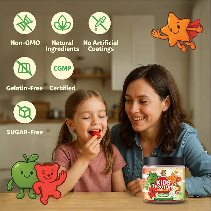 Bear Bites Gummies-Plant Based Kids Protein Gummy– Vegan Sugar-Free Gluten-Free Vitamin C – Immunity Booster Protein Snacks –Tasty Apple Peach Mango Flavors –90 Count –No Artificial Flavors