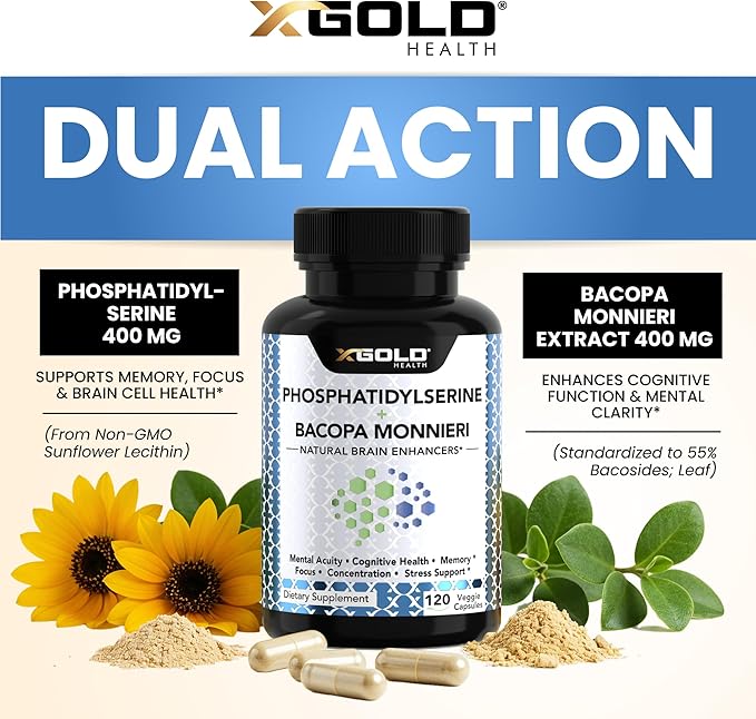 PhosphatidylSerine &amp Bacopa Monnieri 800 mg 2 in 1 Supplement - Natural Brain Enhancer/Nootropic for Enhanced Focus and Concentration Memory Support &amp Cognitive Function - 120 Vegetarian Cap