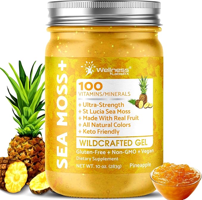 WELLNESS LABSRX Irish Sea Moss Gel Raw - Wildcrafted Superfood Seamoss Gel - Pineapple Flavor Vitamin and Mineral-Rich from Pristine Caribbean Waters Immune and Digestive Health Support - 10 oz.