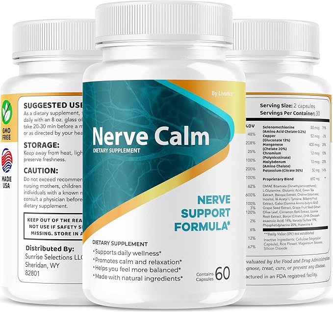 (5 Pack) Nerve Calm Capsules - Official NerveCalm Premium Formula Supplement Pills Advanced Support Formula for Wellness &amp Overall Health All Natural Nerve Calm Reviews 300 Capsules for 5 Month