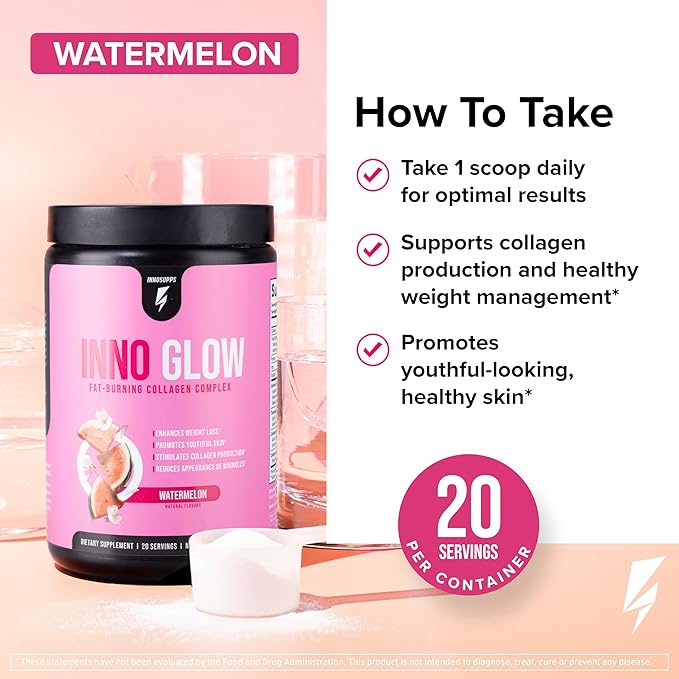 InnoSupps InnoGlow Multi Collagen Peptides Powder for Weight Loss - Thermogenic Fat Burner and Anti Aging Collagen Powder for Women - Hair Skin Nails Joint Support - 20 Servings (Watermelon)