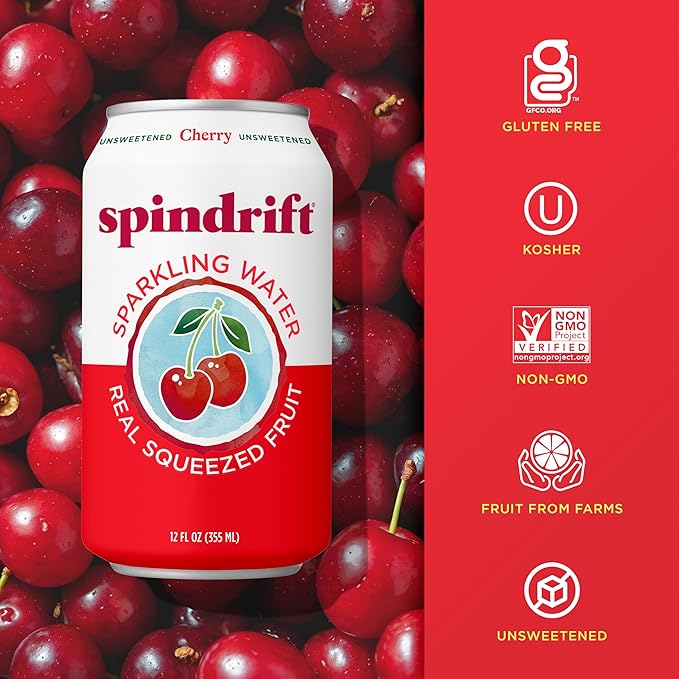 Spindrift Sparkling Water Cherry Flavored Made with Real Squeezed Fruit 12 Fl Oz Cans Pack of 24 (Only 21 Calories per Can)