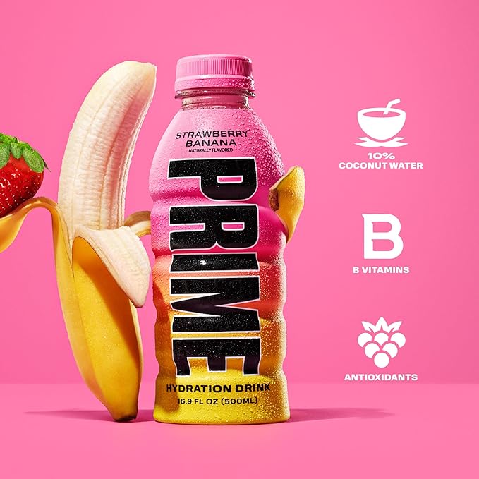 PRIME Hydration STRAWBERRY BANANA Sports Drinks Electrolyte Enhanced for Replenishing Fluids 250mg BCAAs B Vitamins Antioxidants Low Sugar 16.9 Fl Oz 12 Pack