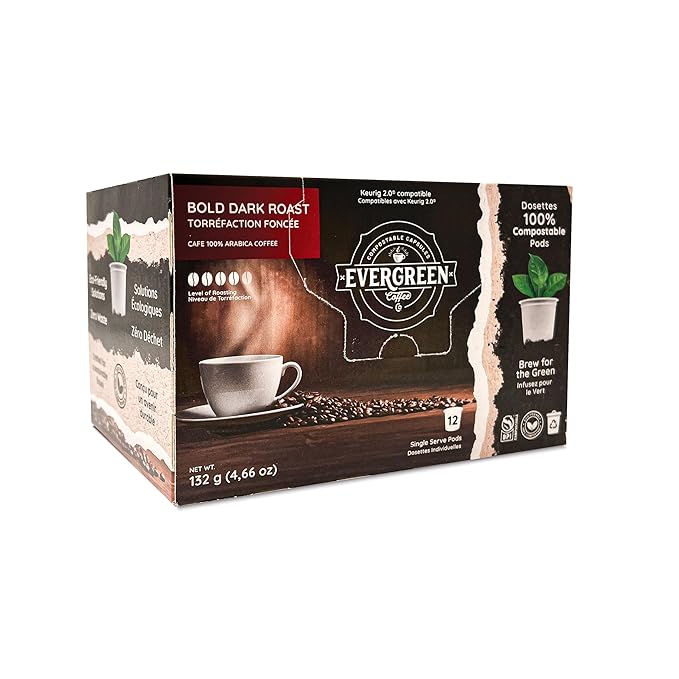 Evergreen Compostable Single Serve Coffee Pods - Dark Roast Bold Blend - 100% Arabica Beans (72 Count)