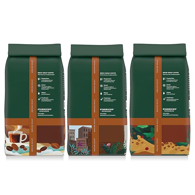 Starbucks Ground Coffee Medium Roast Hot or Iced Coffee Variety Pack Three 12 oz Bags