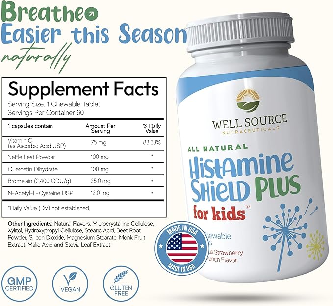 Natural Antihistamine Supplement Sinus &amp Allergy Relief for Pollen Pet Dander Dust Mold and Odors 60 Strawberry Fruit Punch Chewable Tablets