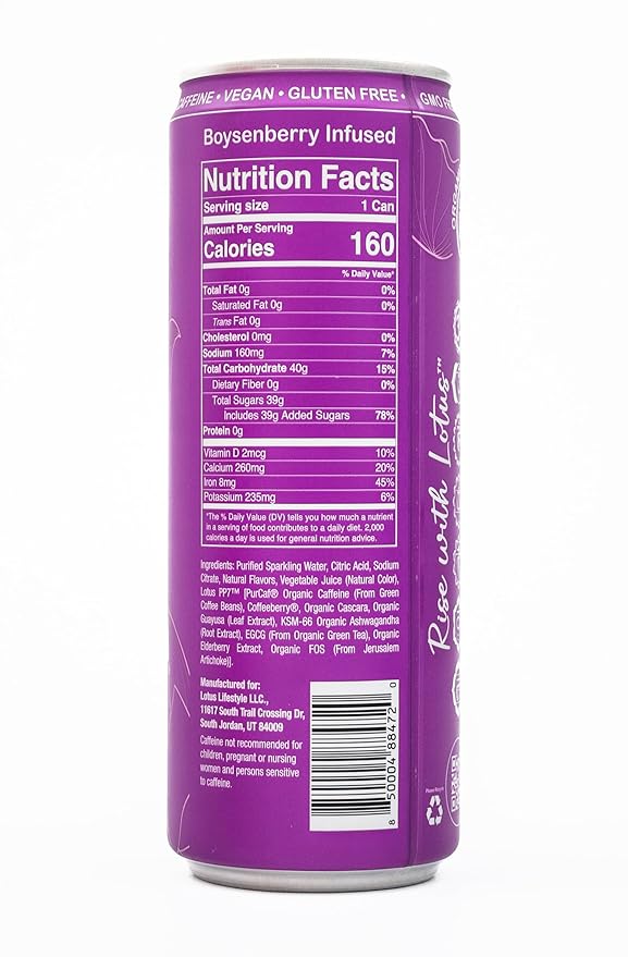 Purple Lotus Plant Power Drink™ | Boysenberry | Pure Cane Sugar | 160 mg Natural Caffeine from Green Coffee Bean | Plant-Based Ingredients | 12 oz Cans | 12 Count