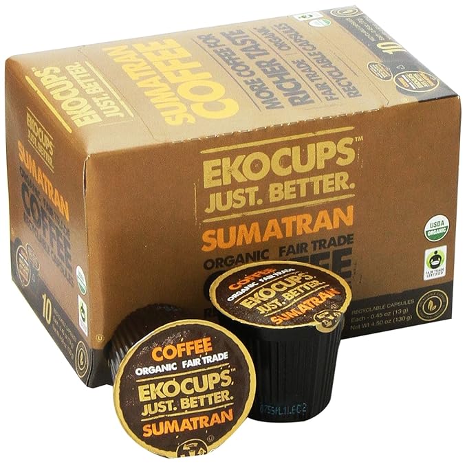 EKOCUPS Organic Sumatra Coffee Pods Extra 30% More Coffee Per Cup Fair Trade Dark Roast Sumatran Reserve Blend for Keurig K Cup Machines Recyclable Pods 40 Count (Pack of 4)