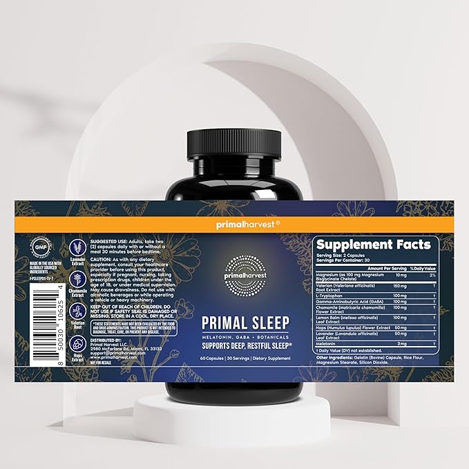 Primal Harvest 2 Pack Primal Sleep 60 Capsules with Valerian Root L-Tryptophan GABA Chamomile and Melatonin 3mg