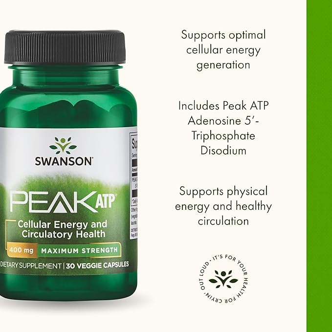 Swanson Maximum Strength Peak ATP Cellular Energy Supplement for Athletes and Active Adults Seeking Performance and Recovery Support - 400 mg (30 Veggie Capsules)