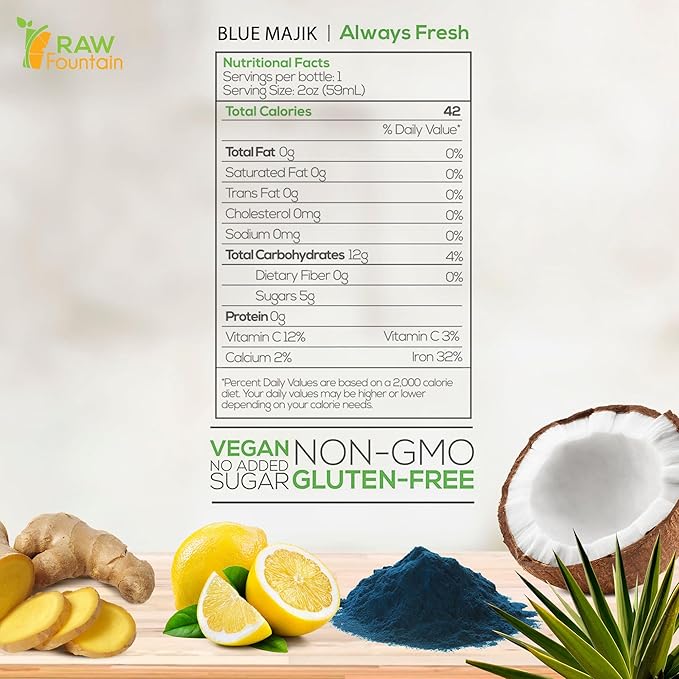 20 Immunity Shots w/Blue Spirulina Agave Lemon Ginger 2fl Oz Packed w/Vitamin C Raw Cold Pressed Unpasteurized Boosts Immunity All Natural No Artificial Flavors or Preservatives