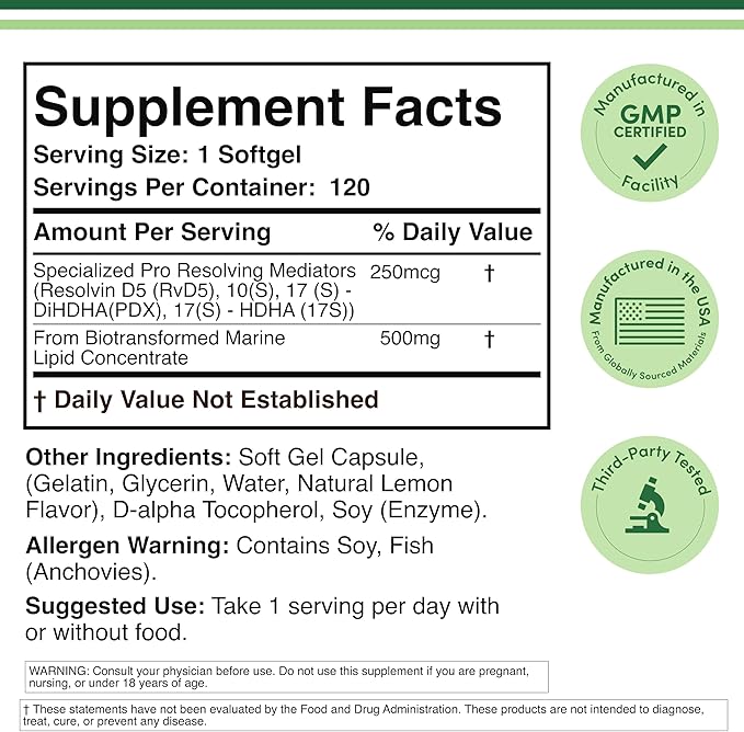 SPM Max (Specialized Pro-Resolving Mediators) 120 Softgels 500mg (Only Product Standardized and Third Party Tested to Contain Active SPMs Check The Supplement Fact Panel) by Double Wood