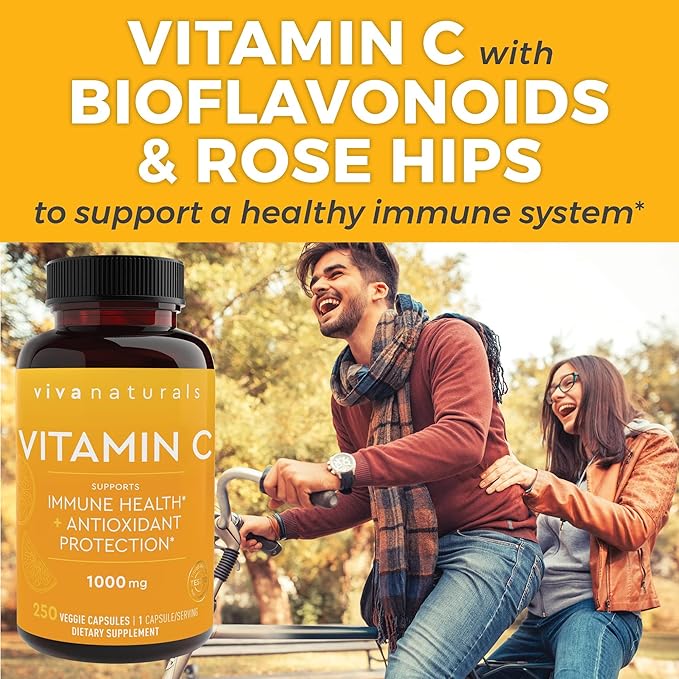 Viva Naturals Vitamin C 1000 mg 250 Vegetarian Capsules – with Citrus Bioflavonoids &amp Rose HIPS Non-GMO for Immune Support &amp Antioxidant Protection