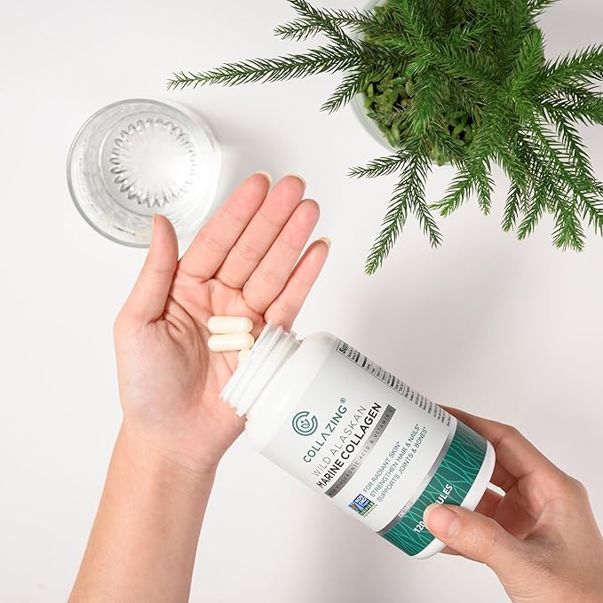 Alaskan Wild-Caught Marine Collagen Peptides with Hyaluronic Acid &amp Vitamin C - Supports Skin Hair Nails Joints &amp Bones - Type 1 &amp 3 Collagen for Women &amp Men - 120 Powder Capsules