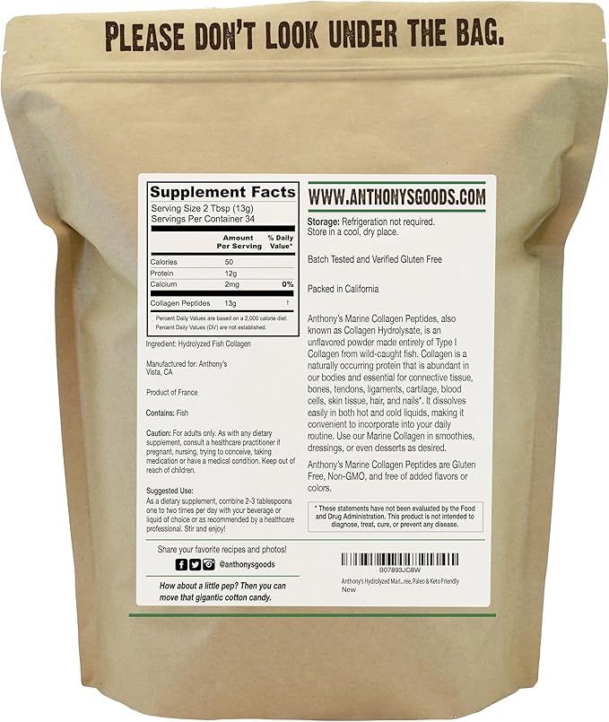 Anthony's Hydrolyzed Marine Collagen Peptides Gluten-Free Paleo and Keto Friendly Unflavored 1-Pound