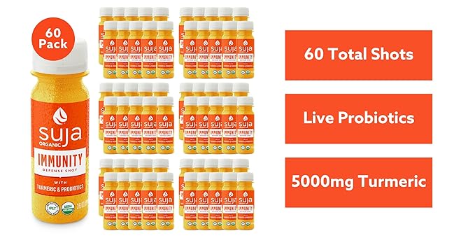 Suja Organic Immunity Defense Shot (60 Pack) with Turmeric and Ginger | Immunity Boost &amp Support | Functional Shots | Cold-Pressed Juice with Live Probiotics | Plant-Based &amp Gluten-Free