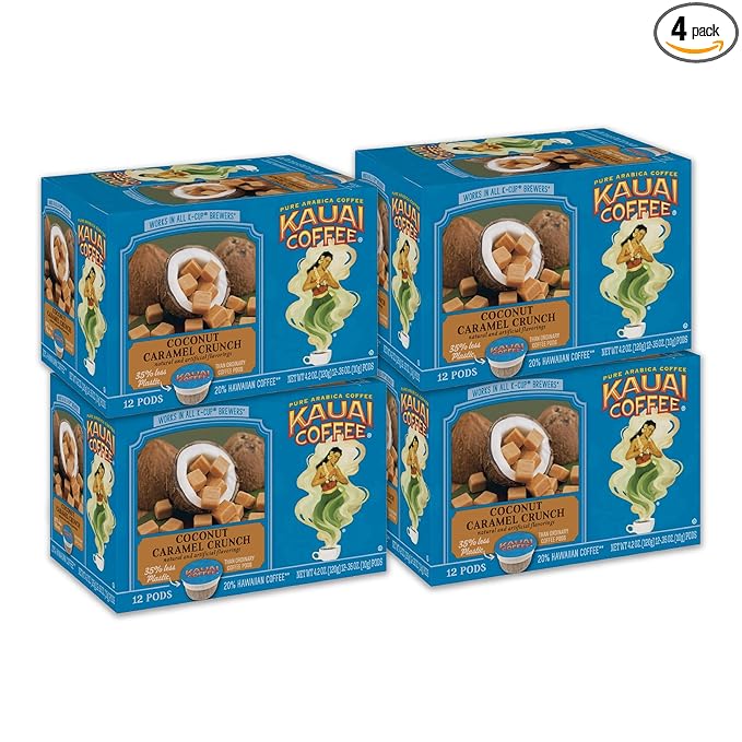 Kauai Coffee Pods Compatible with K-Cup Pods for Keurig Brewers – 20% Hawaiian Arabica – Medium Roast Rich Smooth No Bitterness – Coconut Caramel Crunch 4 Packs of 12 Single Serve Cups