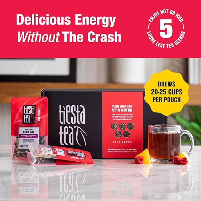 Tiesta Tea - Black Loose Leaf Tea Gift Set High Caffeinated Assorted Blends 5 Pouches for Hot &amp Iced Brews Variety Pack English Breakfast Earl Grey Chai &amp Passion Fruit