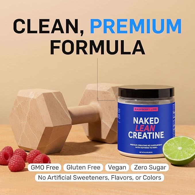 NAKED Lean Creatine HCl Powder - Raspberry Lime Vegan Non-GMO Gluten-Free No Fillers Supports Muscle Growth &amp Strength - 68 Servings