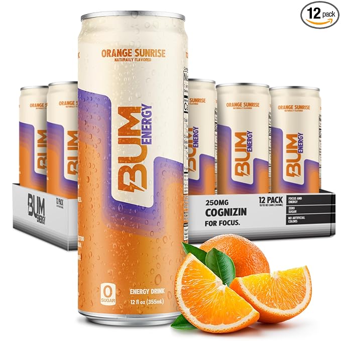 BUM Sugar-Free Energy Drink Orange Sunrise - Lightly Carbonated &amp No Artificial Colors Natural Caffeine &amp Citicoline for Energy &amp Focus Brain Boost &amp Workout Sports Beverage - 12 oz