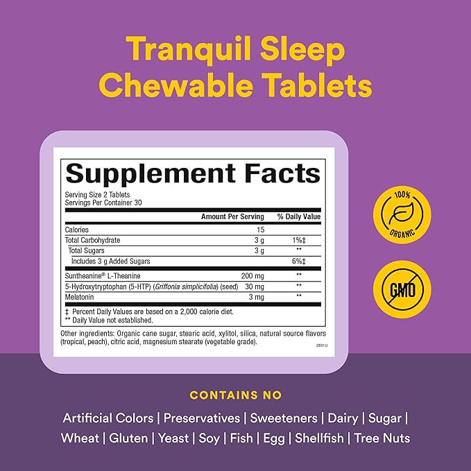 Natural Factors Tranquil Sleep - Calm Sleep Health Supplement - Relaxation Support Supplement with Melatonin &amp 5-HTP - 120 Chewable Tablets (30 Servings)