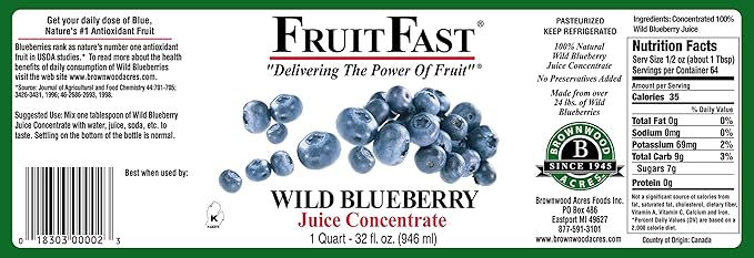 Wild Blueberry Juice Concentrate by FruitFast - (32 FL OZ) Unsweetened 65 Brix Pure Concentrated Blueberry Juice - 100% Dark Wild Blueberry Extract - No Additives or Fillers!