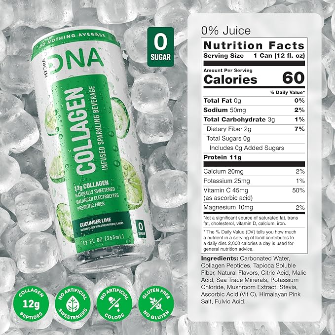 HYDRADNA- Sparkling Liquid Collagen Protein Water Drink Balanced Nutrients for Wellness - Sugar-Free - Keto-Friendly - No Gluten (12 Pack) Cucumber Lime