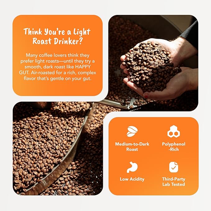 Happy Gut Coffee - Doctor-Formulated Organic Medium-to-Dark Roast Coffee with Gut-Friendly Benefits - Gentle on Stomach - Rich Flavor Gluten-Free No Bitterness - 12oz - SMOOTH - Ground