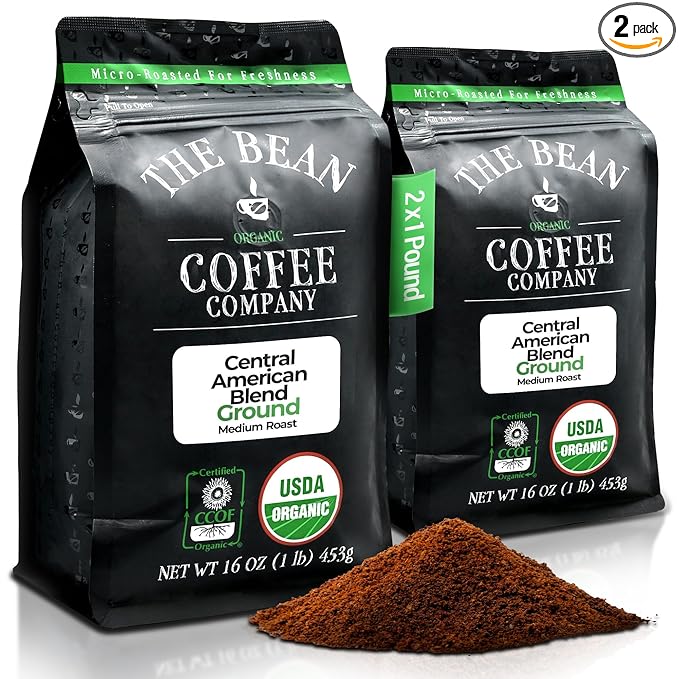 The Bean Organic Coffee Company Central America Medium Roast Ground Coffee 16-Ounce Bags (Pack of 2) Café molido tostado orgánico