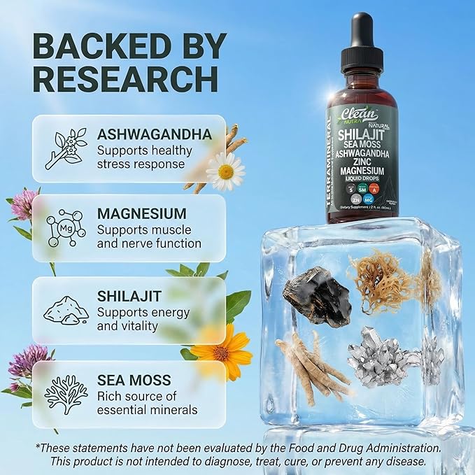 Shilajit Liquid Drops with Sea Moss Ashwagandha Zinc Magnesium Liquid Vitamins for Women and Men - Terra Mineral by Clean Nutra - 2Pack