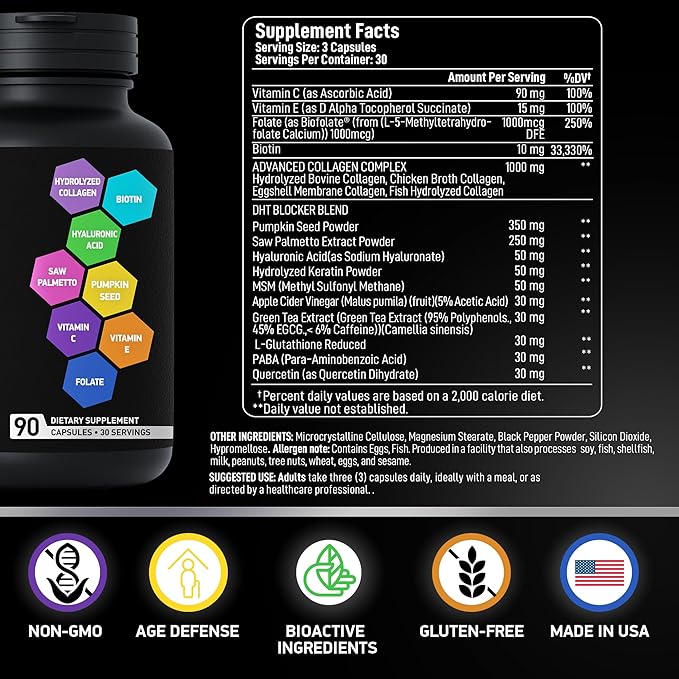 Age Defense Beauty Collagen Matrix - 2000mg Multi Collagen Biotin Keratin Hyaluronic Acid Saw Palmetto Supplement Complex - DHT Blocker for Men &amp Women for Hair Growth - 3-PACK 270 Gluten-Free C