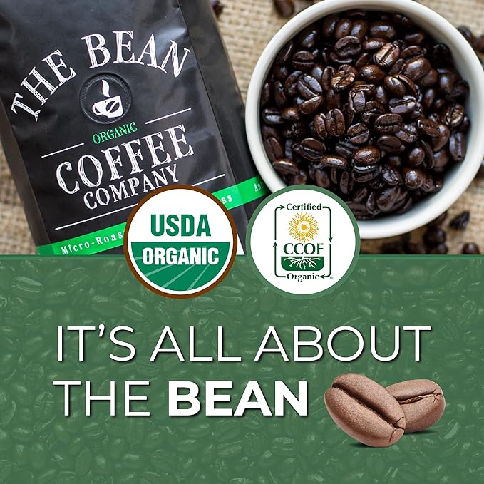 The Bean Organic Coffee Company Water Processed DECAF Le Bean and 50/50 (Half Caff) French Roast 50% Decaf Dark French Roast Ground Coffee 16-Ounce Bag Café Molido Tostado Orgánico descafeinado