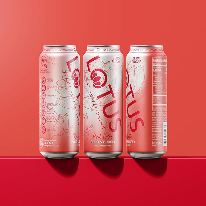 Red Lotus Plant Power Drink™ | Sugar Free Low Calorie | 160 mg Natural Caffeine from Green Coffee Bean | Plant-Based Ingredients | Zero Sugar | 10 Calories | 12 oz Cans | 12 Count