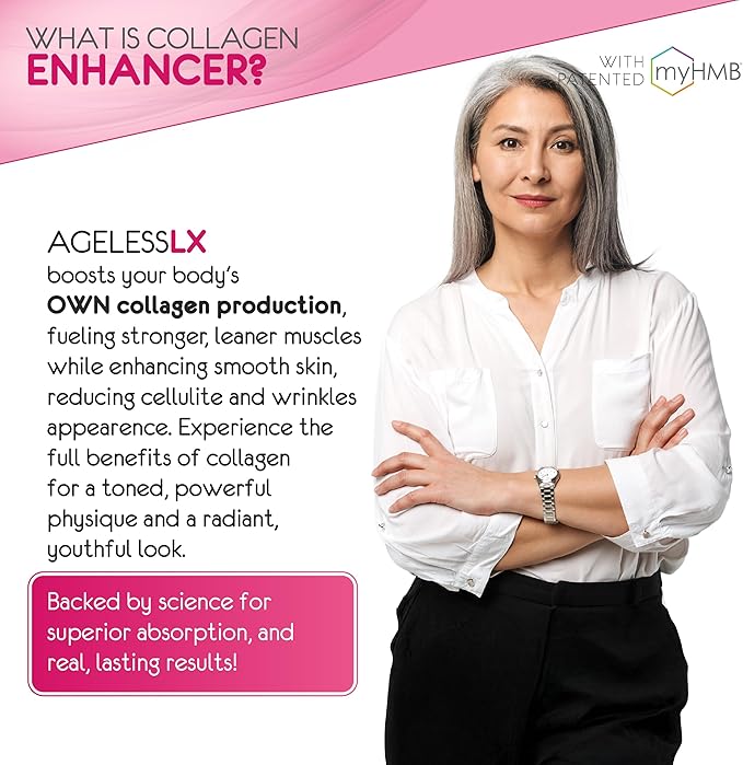 AgelessLX Powder Supplement for Women - with HMB Collagen Enhancer Plus Vitamin D3 with K2 Horsetail and Biotin for Lean Muscle and Stronger Hair and Nails - 30 Powder Packets Strawberry Lemonade