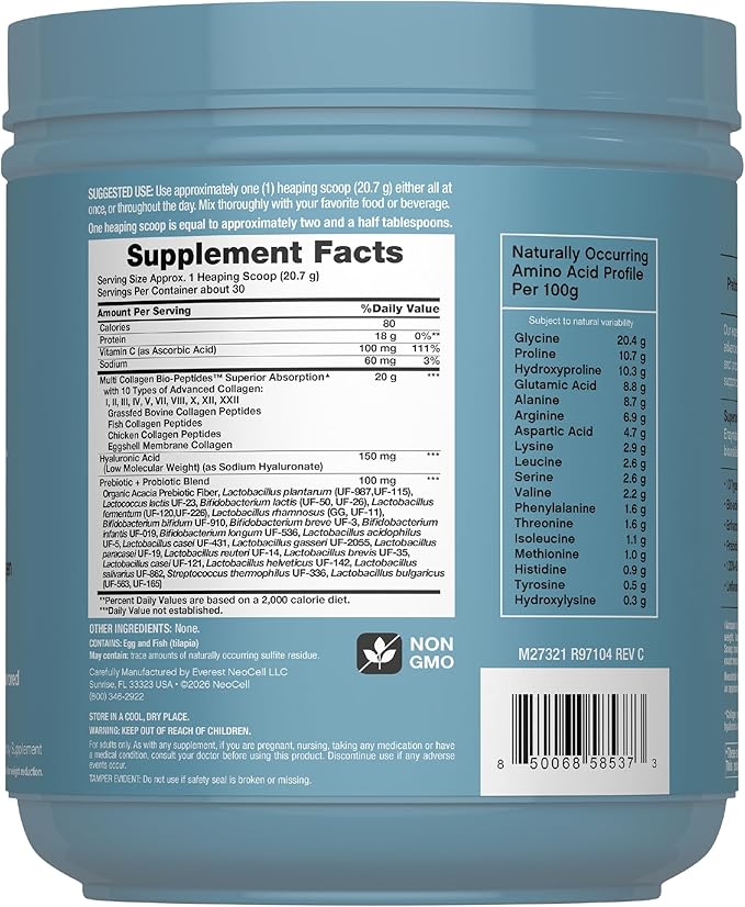 NeoCell Multi Collagen Bio-Peptides Powder | 22oz | Advanced with Hyaluronic Acid and Vitamin C | 10 Super Types of Collagen | Superior Absorption | Grassfed Protein Supplement