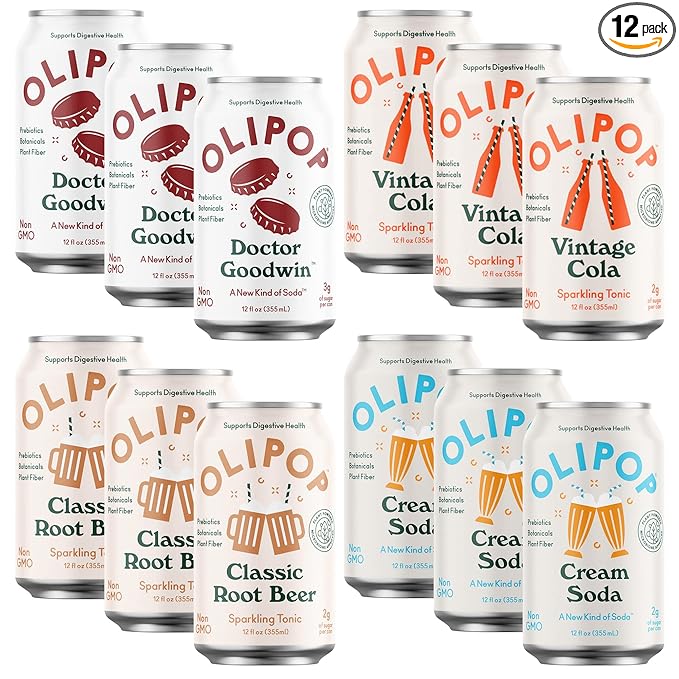OLIPOP - 4-Flavor Sparkling Tonic Retro Greatest Hits Variety Pack Prebiotic Soda Sampler Rich in BotanicalsHigh Fiber Low-Sugar Low-Calorie Non-GMO (12oz 12-Pack)