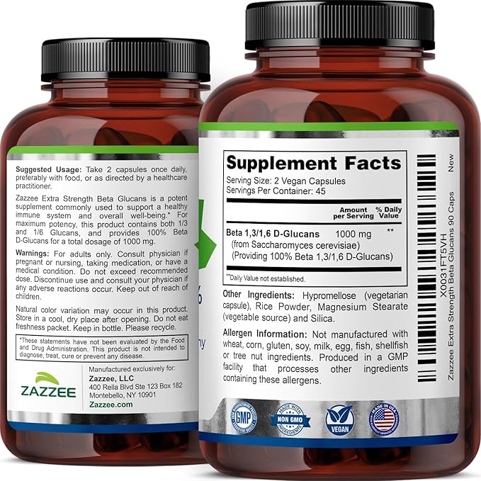 Zazzee Extra Strength 13/16 Beta Glucans 1000 mg 100% Concentrated 90 Vegan Capsules Supports a Healthy Immune System 100% Vegetarian All-Natural and Non-GMO