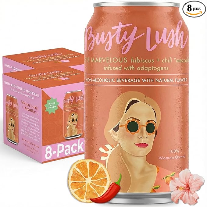 Busty Lush Craft Mocktails – Non-Alcoholic Sparkling Drinks Zero Proof Drinks Mezcalita Alcohol Alternative – Infused with L-Theanine Low Calorie Ready to Drink | 12 oz (8-Pack)