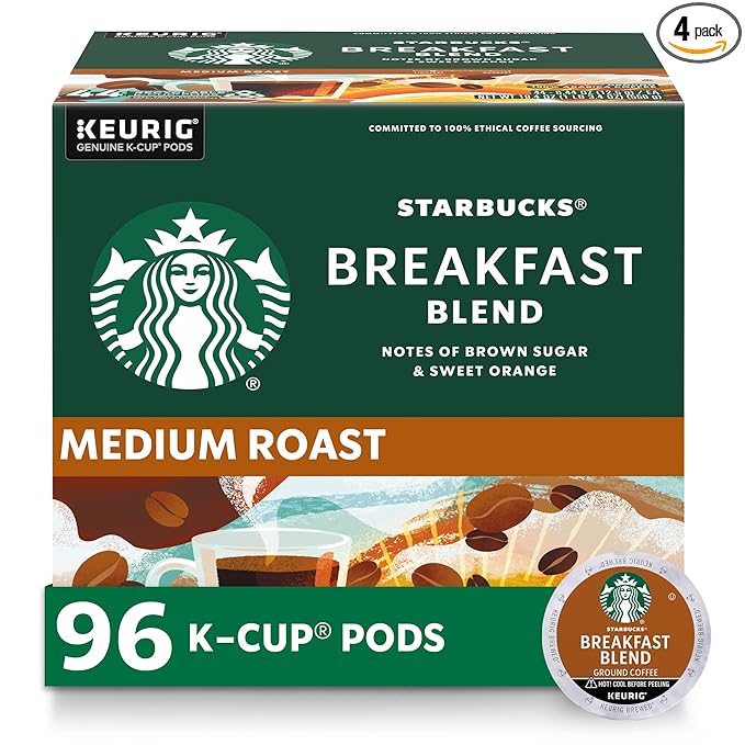 Starbucks K-Cup Coffee Pods Medium Roast Hot or Iced Coffee Breakfast Blend 96 Keurig Pods