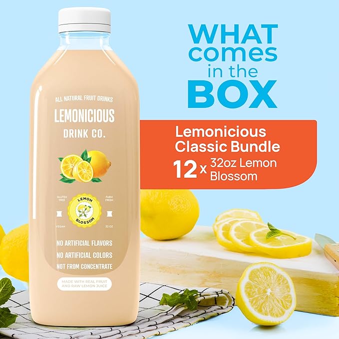 Lemonicious Classic Bundle – 12 Bottles of Real Fruit Lemonade (32oz each) – Lemon Blossom Flavor – Fresh Squeezed No Preservatives