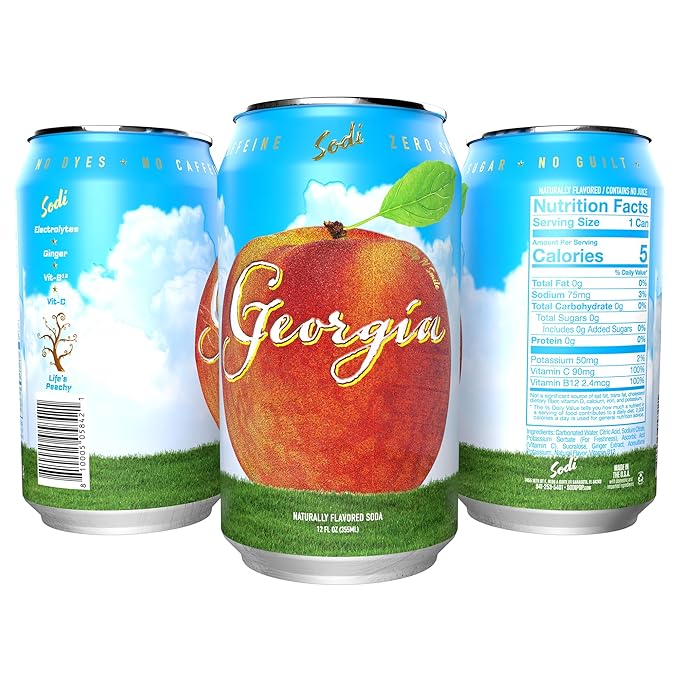Sodi | Better For You Sparkling Soda Pop | Georgia | Zero Sugar | Zero Caffeine | Zero Colors or Dyes | Gluten Free | Naturally Flavored | 12fl oz Pack of 12 (12pk Georgia)