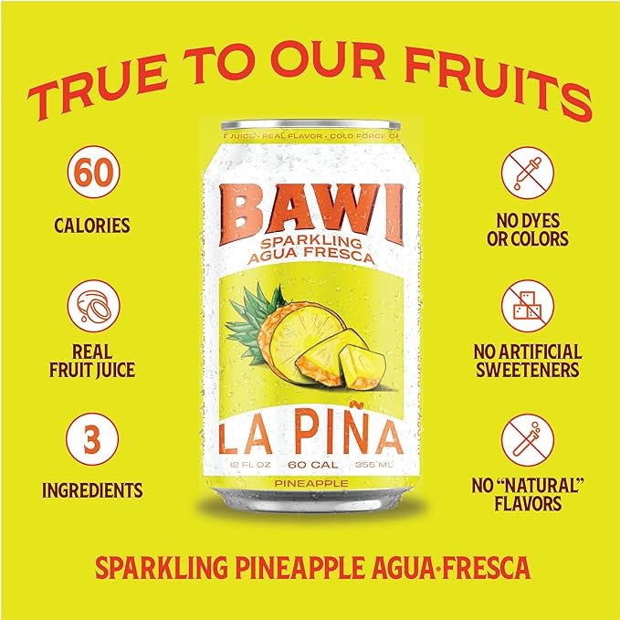 Bawi La Pina Sparkling Agua Fresca 12 Pack - Pineapple Flavored Water Plant-Based Low Calorie Less Sugar Culturally-Rooted Mexican Drink Made in USA Better-For-You Soda Authentic Mexican Drin