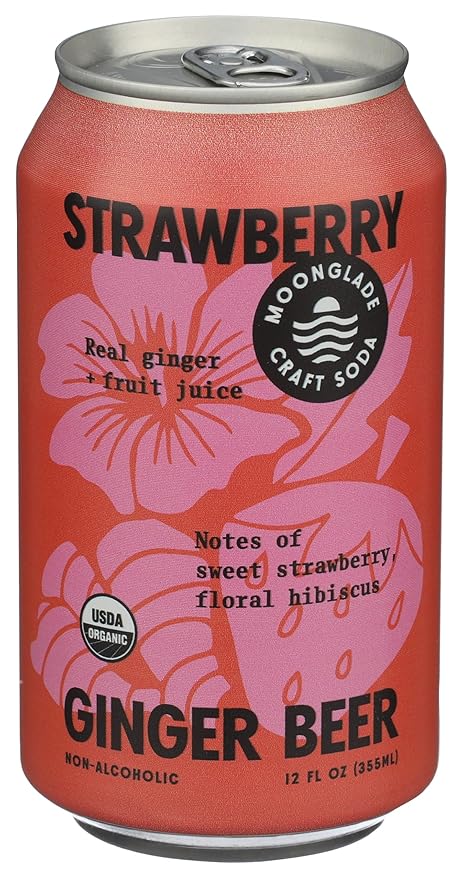 NEW! Moonglade Organic Strawberry Hibiscus Ginger Beer Tropical Blend Small Batch Craft Mixer Non-Alcoholic Craft Soda (12 Pack)