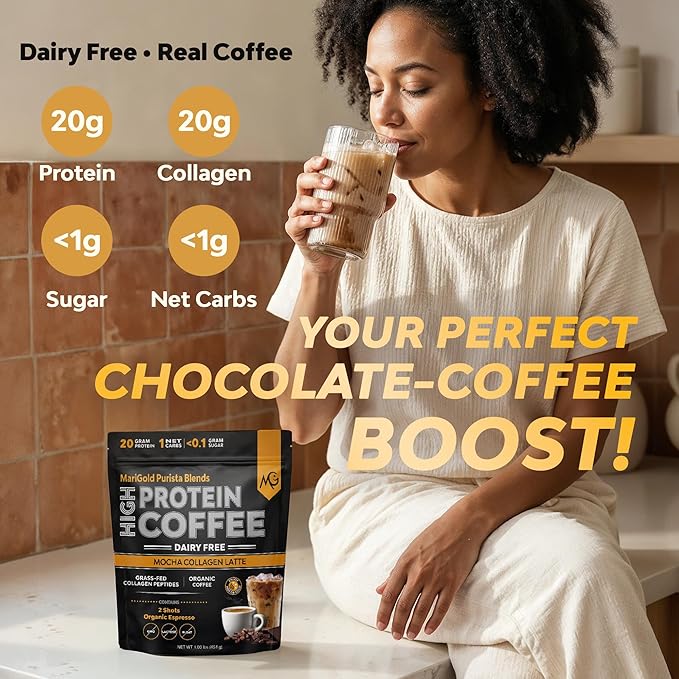 MariGold High Protein Collagen Coffee - Mocha Collagen Latte Dairy Free 20g Grass-Fed Type I &amp III Collagen Peptides Energy Boost 2 Shots Organic Espresso Non-GMO 1 Lb Bag 15 Servings