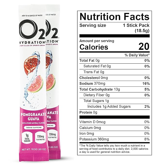 O2 Pomegranate Guava Electrolyte Drink Mix - Single-Serve Hydration Powder Packets - Great Tasting Low Sugar Recovery Drink